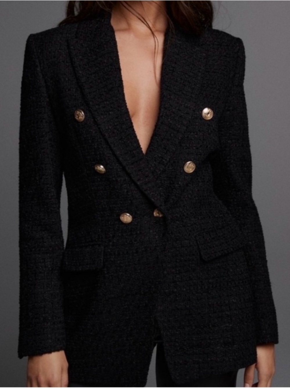 ZARA Black Tweed Double-Breasted Blazer with Gold Buttons